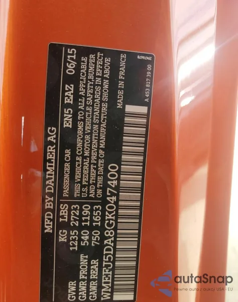 2016 Smart Fortwo z USA, uszkodzony, nr VIN WMEFJ5DA8GK047400